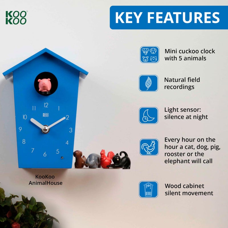 KOOKOO AnimalHouse Blue, Small Cuckoo Clock with 5 Farm Animals Sounds (Natural Field Recordings) - Image 4